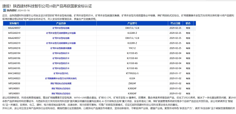 奋进陕煤、陕煤集团官网 | 捷报！陕西建材科技智引公司10款产品再获国家安标认证